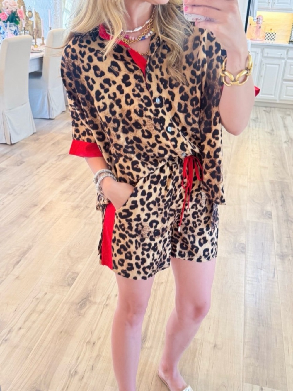 Leopard Print Short Set with Red Contrast